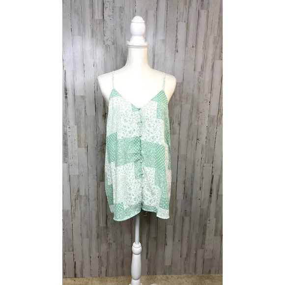 Heyson Women's Medium Floral Patchwork Tank Top Mint Green Sleeveless V-Neck - Picture 2 of 7